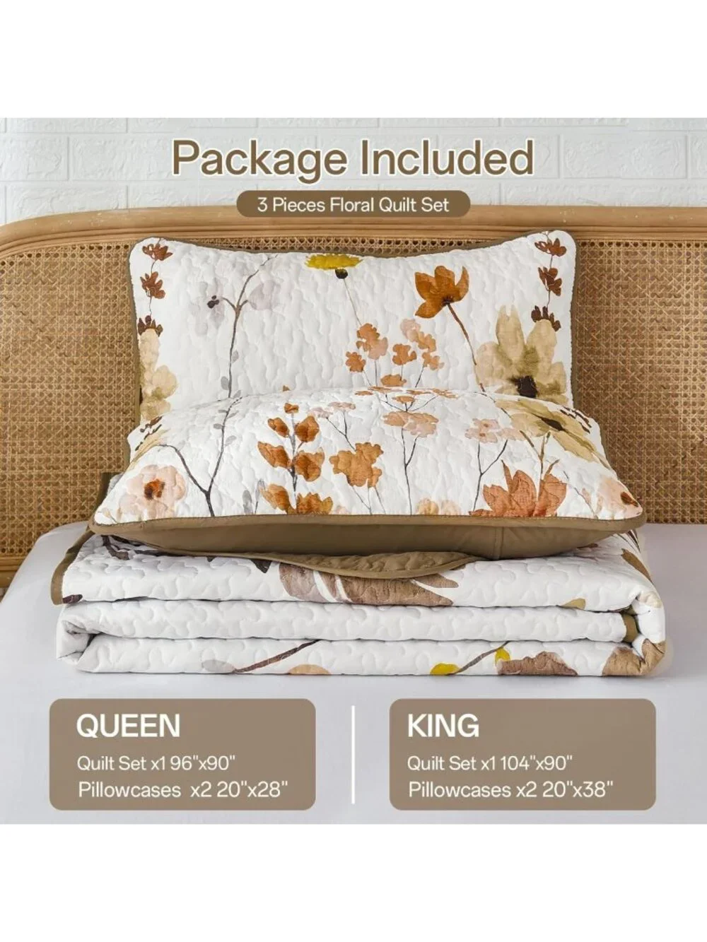 Queen Floral Quilt Set - 3 Piece Lightweight Bedspread for Cozy Fall Decor